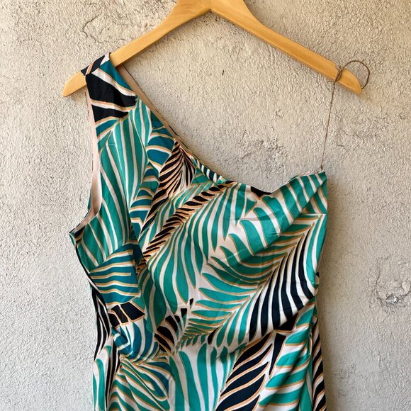 NEW Maggy London One Shoulder Asymmetrical Midi Dress Tropical Size 12 - Picture 8 of 10